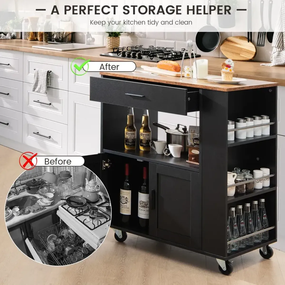 Rolling Kitchen Trolley with 3 Spice Racks Drawer and Open Shelf-Black