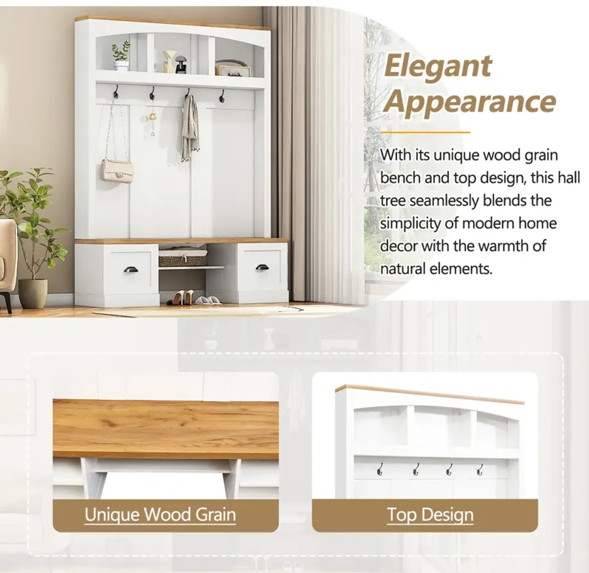 Merax Farmhouse 4-in-1 Hall Tree with Wood Grain Bench