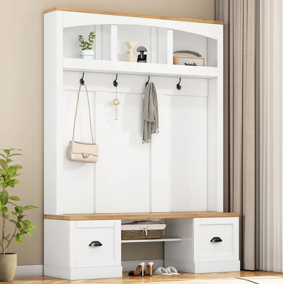 Merax Farmhouse 4-in-1 Hall Tree with Wood Grain Bench