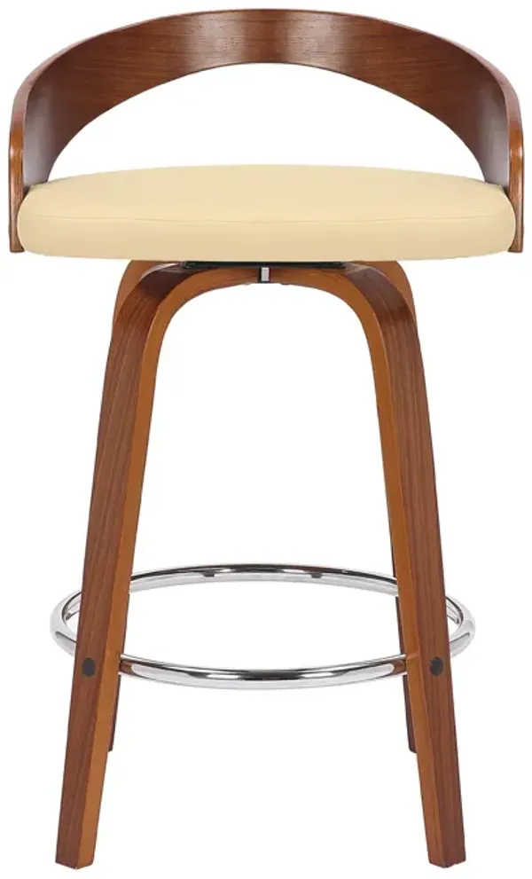 Hivvago 26 Inch Cream and Brown Faux Leather and Solid Wood Low Back Counter Height Swivel Bar Chair