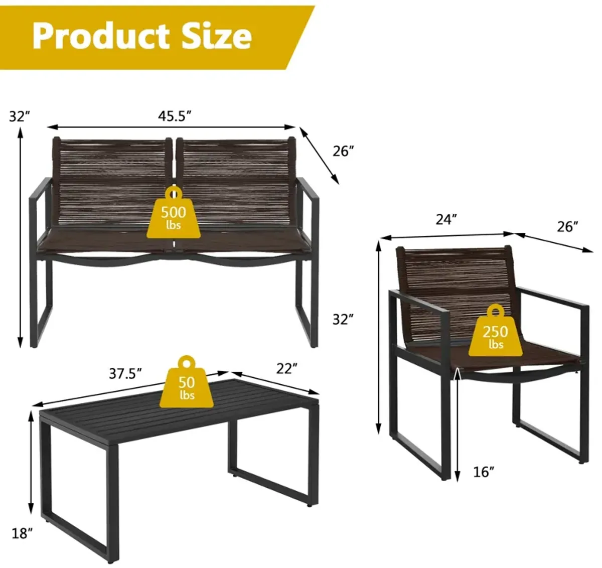 4 Pieces Patio Furniture Conversation Set with Sofa Loveseat