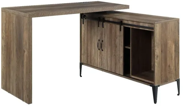 Swivel Writing Desk with Sliding Barn Door and USB Port, Brown-Benzara