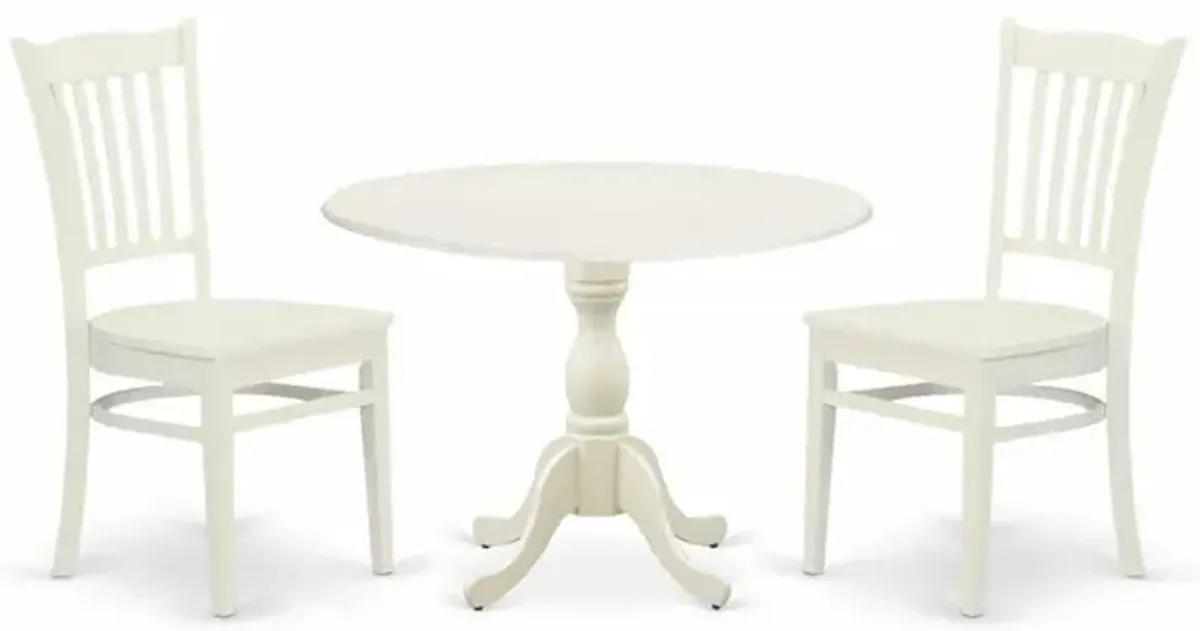 East West Furniture DMGR3-LWH-W 3 Piece Dinette Set Contains 1 Drop Leaves Modern Dining Table and 2 Black Wooden Dining Chairs with Slatted Back - Linen White Finish