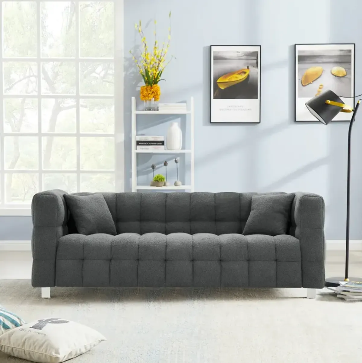 Grey Teddy Fleece Sofa Set with Throw Pillows