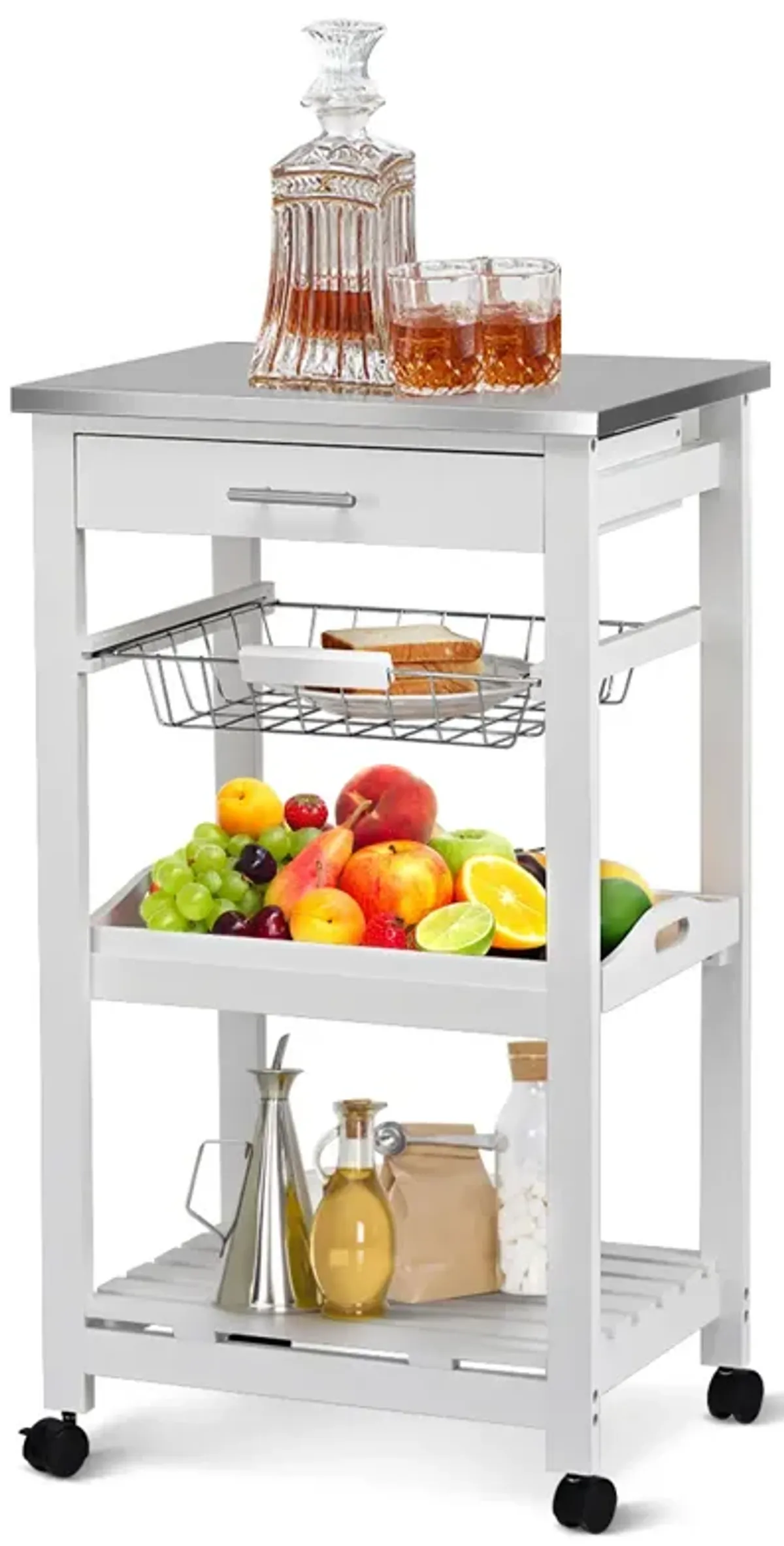 Kitchen Island Cart with Stainless Steel Tabletop and Basket