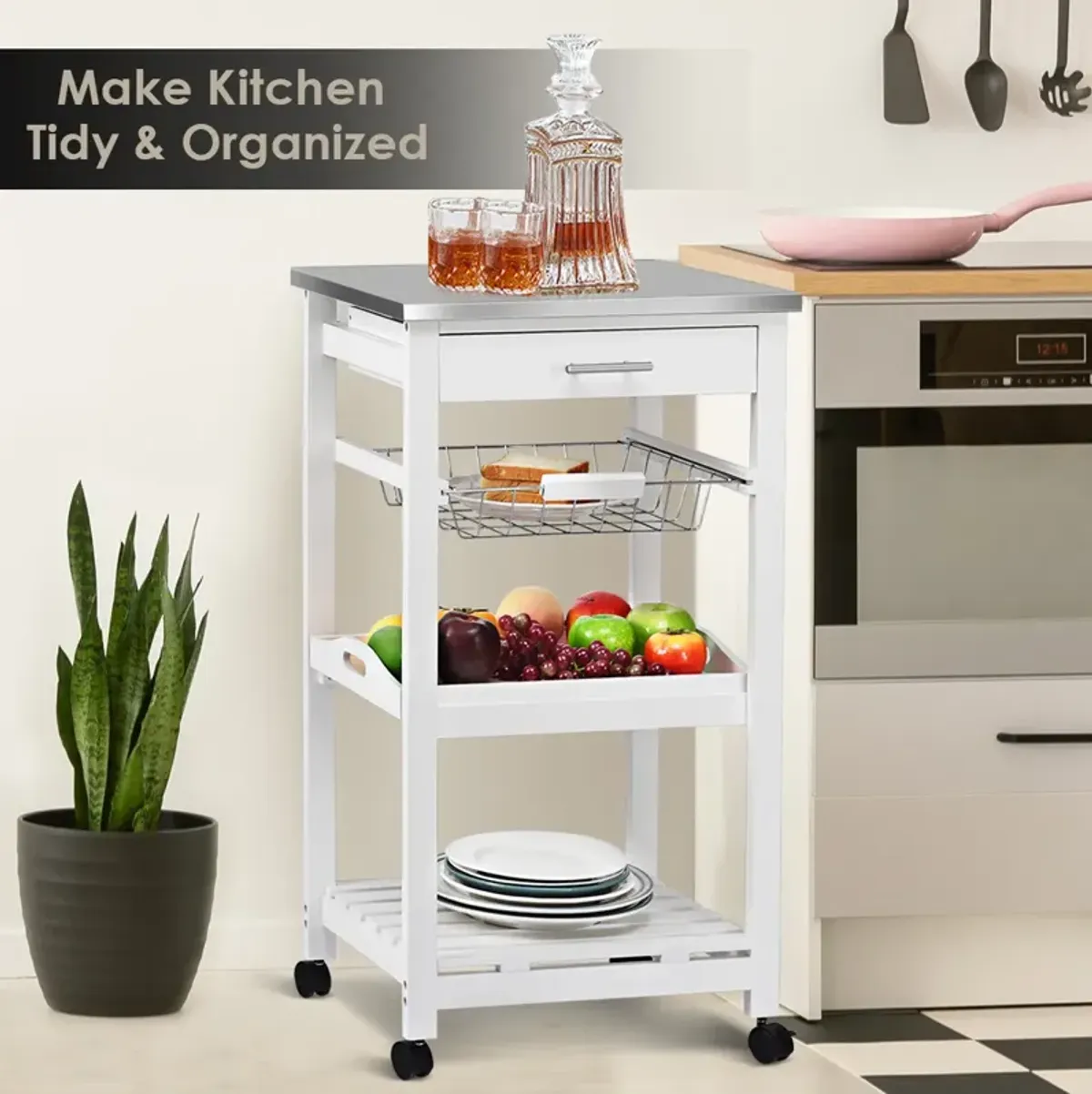 Kitchen Island Cart with Stainless Steel Tabletop and Basket