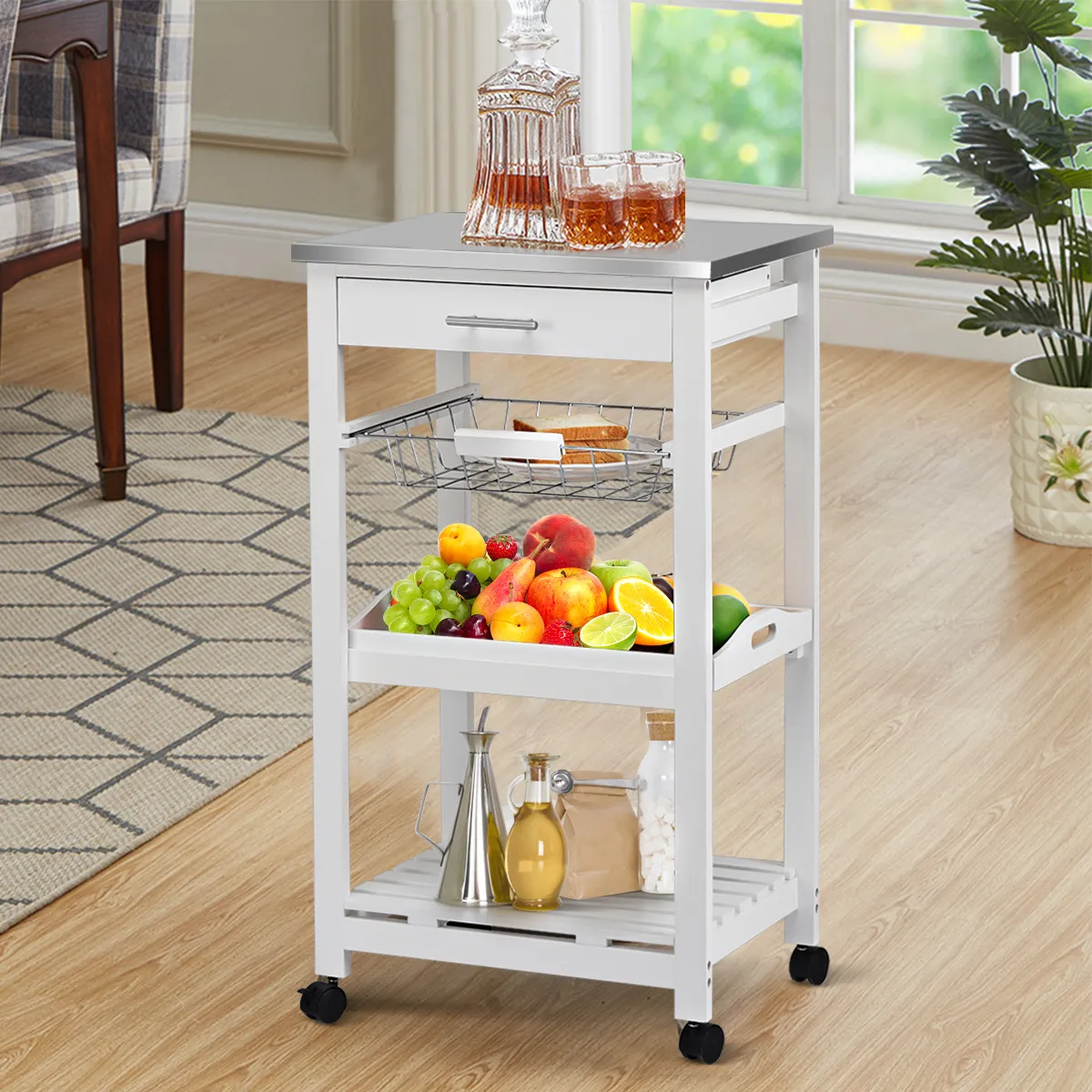 Kitchen Island Cart with Stainless Steel Tabletop and Basket