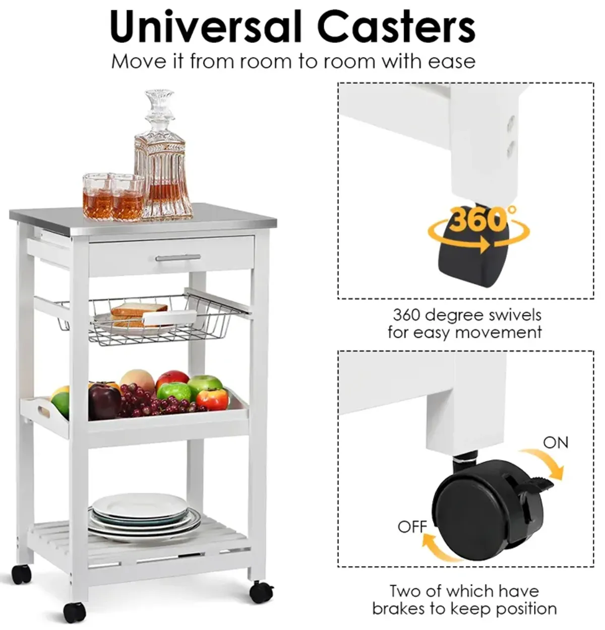 Kitchen Island Cart with Stainless Steel Tabletop and Basket