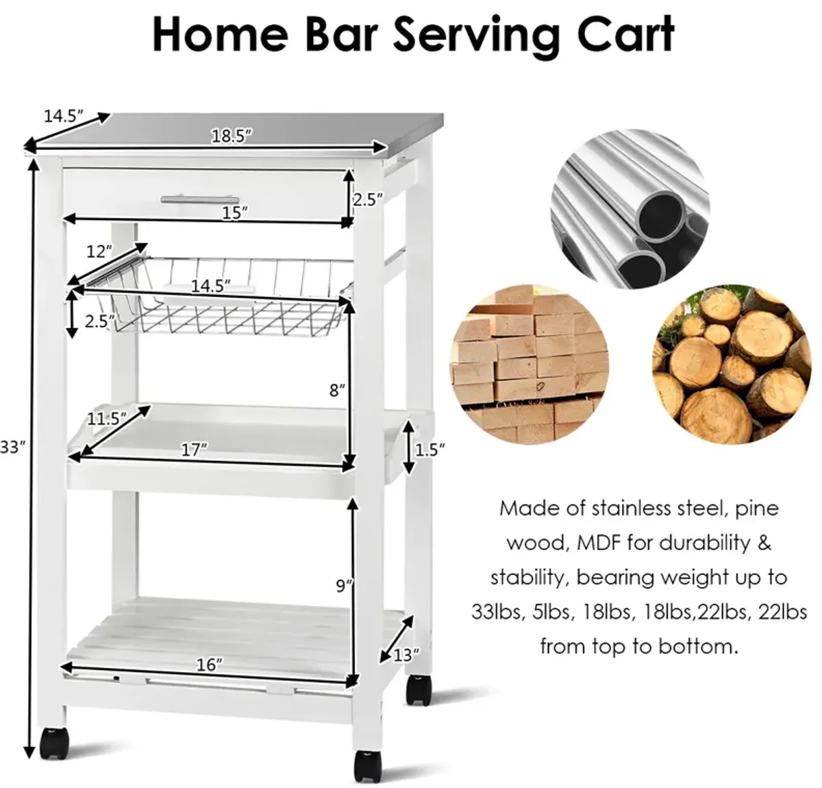 Kitchen Island Cart with Stainless Steel Tabletop and Basket