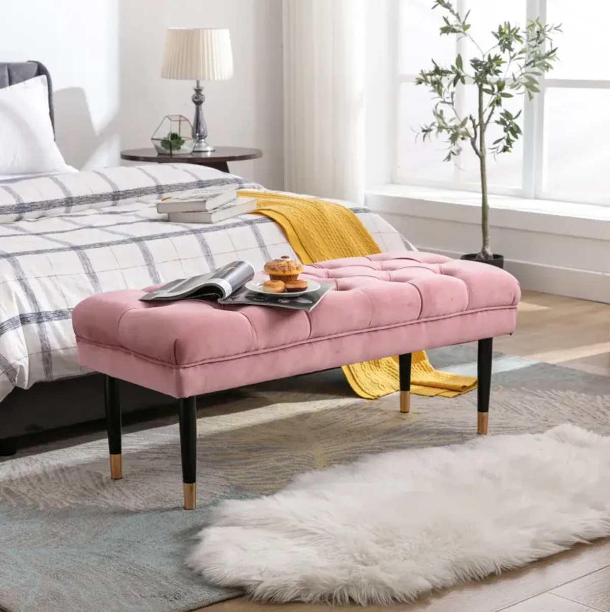 Pink Velvet Tufted Bench with Metal Legs