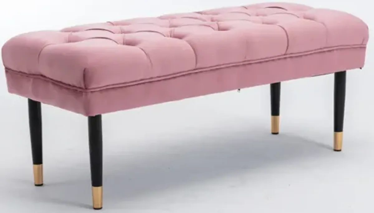 Pink Velvet Tufted Bench with Metal Legs