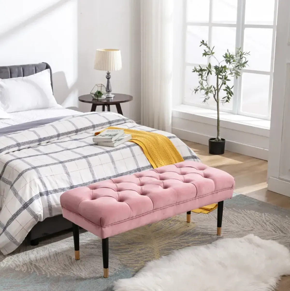 Pink Velvet Tufted Bench with Metal Legs