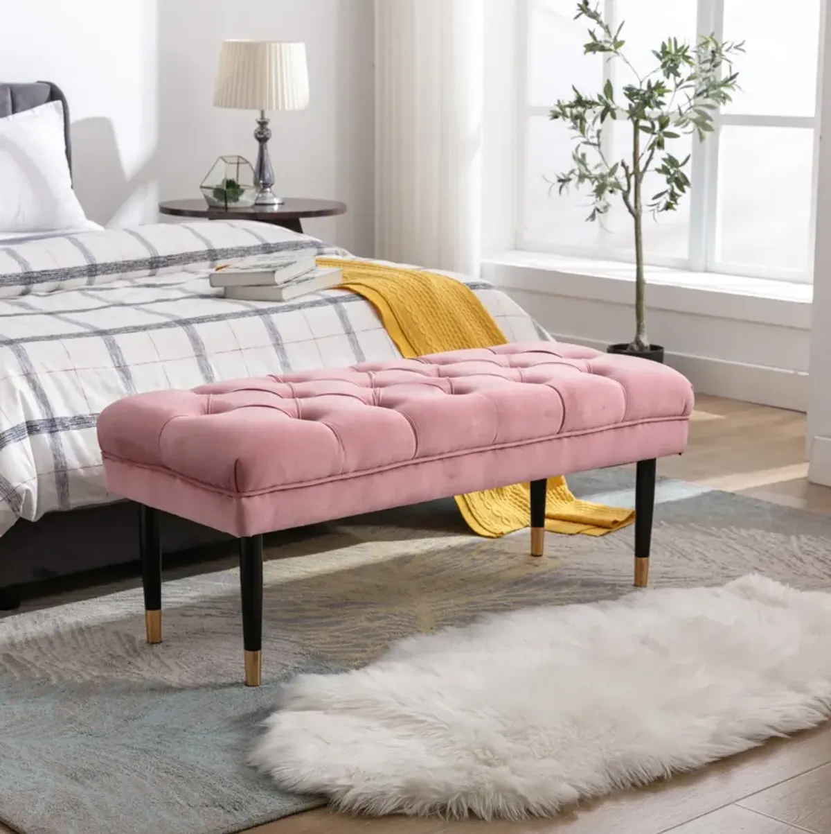 Pink Velvet Tufted Bench with Metal Legs