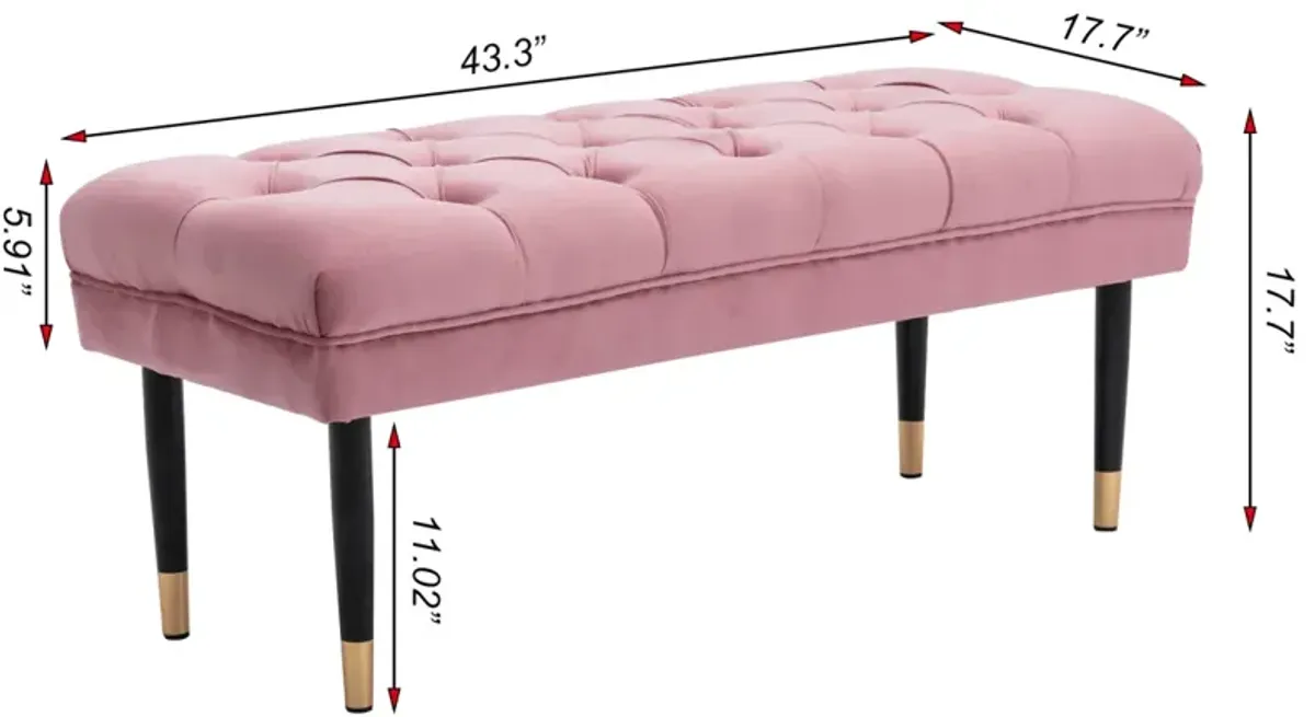 Pink Velvet Tufted Bench with Metal Legs