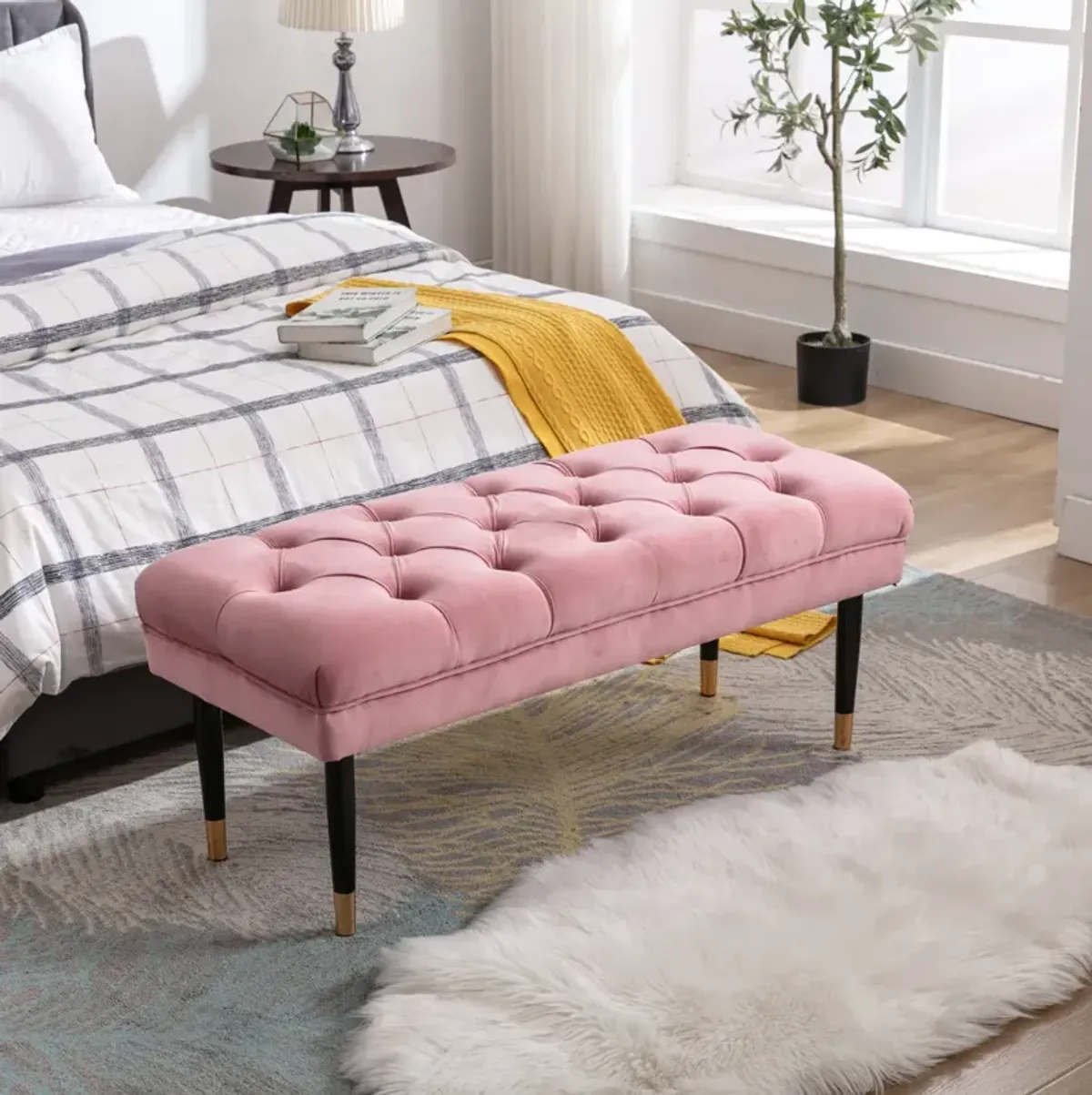 Pink Velvet Tufted Bench with Metal Legs