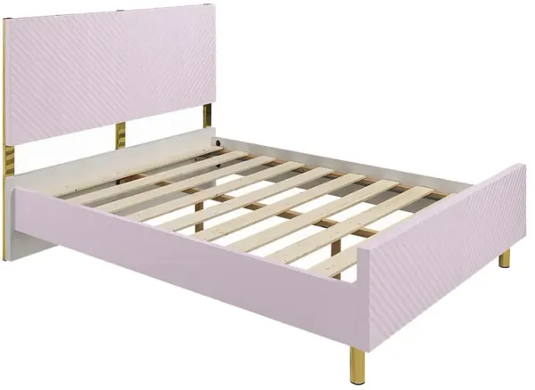 Tyra Full Size Bed, Sleek Panel Headboard, Gloss Pink Chevron Pattern - Benzara