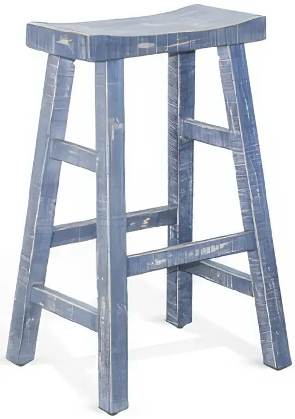 Rena Barstool Set of 2, Saddle Style Seat, Ocean Blue Mahogany Wood - Benzara