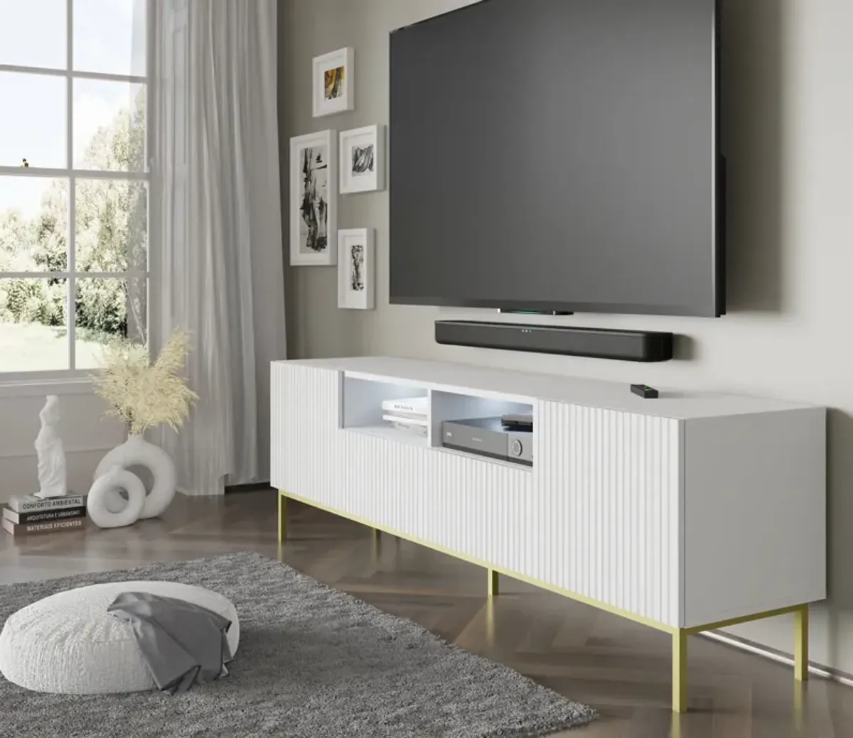 TV Stand RAVENNA B 79'' 2D2S Milled MDF Fronts White Matt with LED