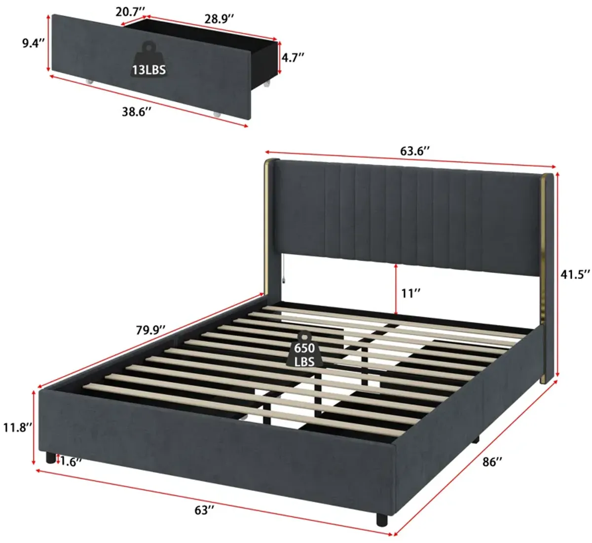 Gray Wood Frame Queen Size Bed Platform Bed Panel Bed With 4-Drawers, Color-Changing LED Lights, Bluetooth