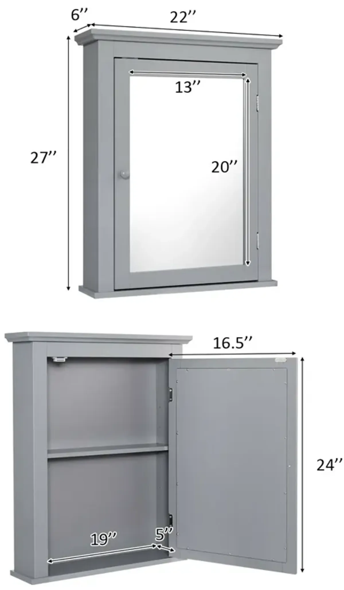 Costway Bathroom Mirror Cabinet Wall Mounted Adjustable Shelf Medicine Grey