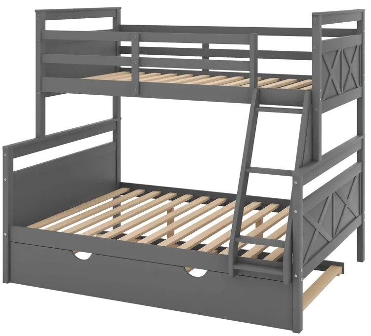 Twin Over Full Bunk Bed With Ladder, Twin Size Trundle, Safety Guardrail