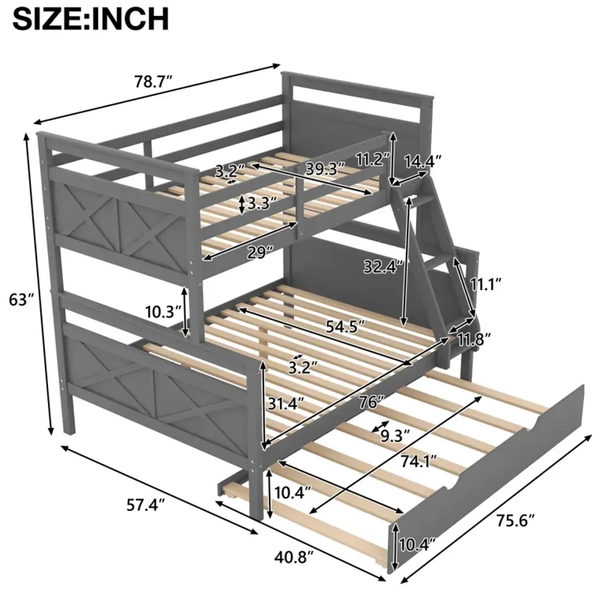 Twin Over Full Bunk Bed With Ladder, Twin Size Trundle, Safety Guardrail