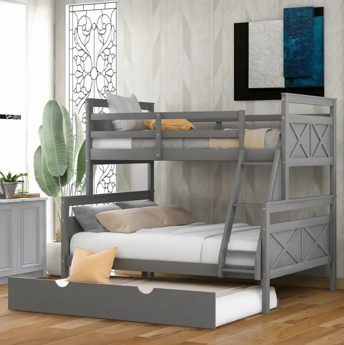 Twin Over Full Bunk Bed With Ladder, Twin Size Trundle, Safety Guardrail