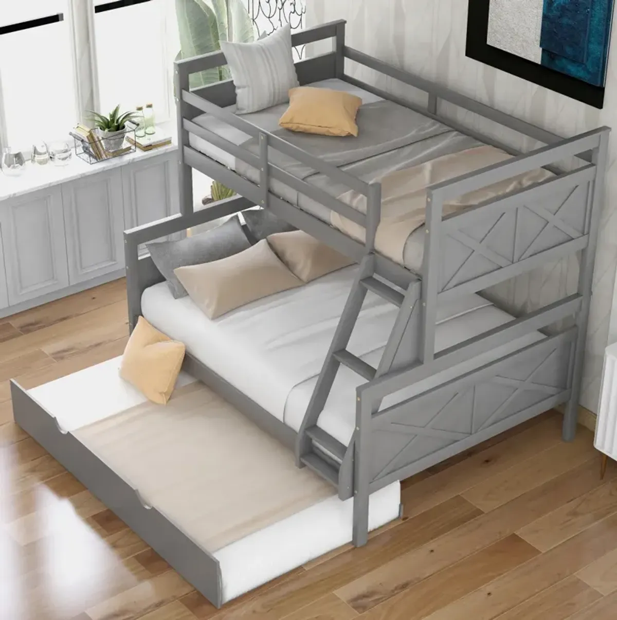 Twin Over Full Bunk Bed With Ladder, Twin Size Trundle, Safety Guardrail