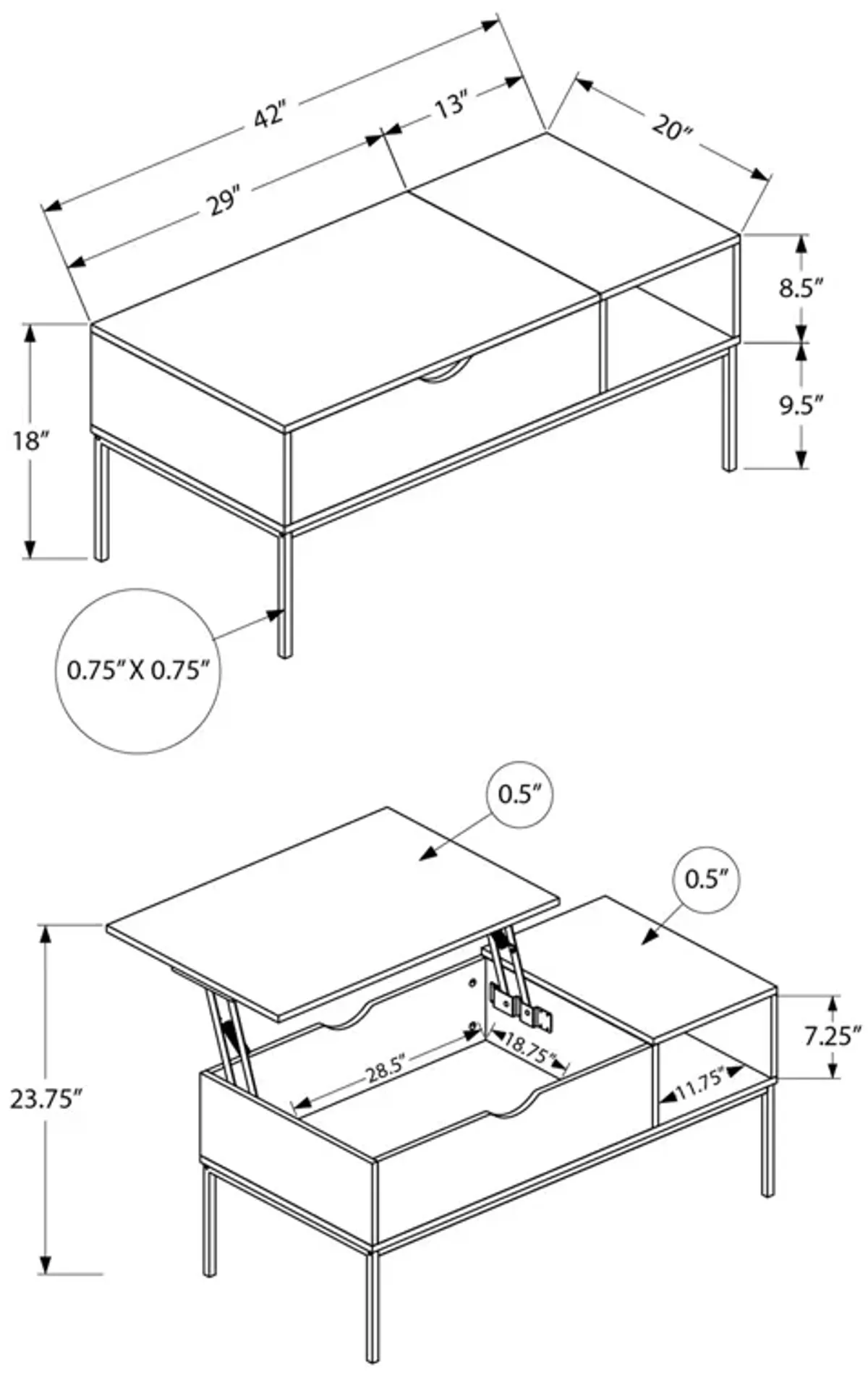 Monarch Specialties - Coffee Table, 42" L, Rectangular, Cocktail, Lift-top, Contemporary, Modern