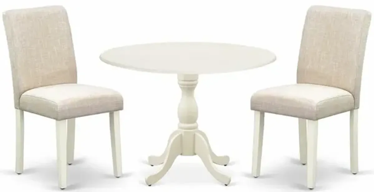 East West Furniture DMAB3-LWH-02 3 Piece Dining Room Set Includes 1 Drop Leaves Wood Table and 2 Light Beige Linen Fabric Dinning Chairs with High Back - Linen White Finish