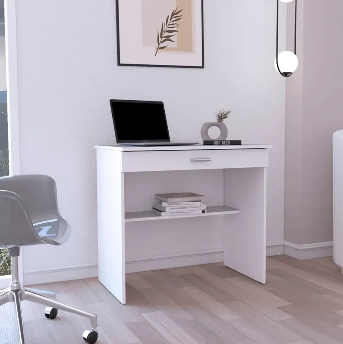 80 C Storage Desk, Compact Workstation with Drawer and Lower Shelf-White