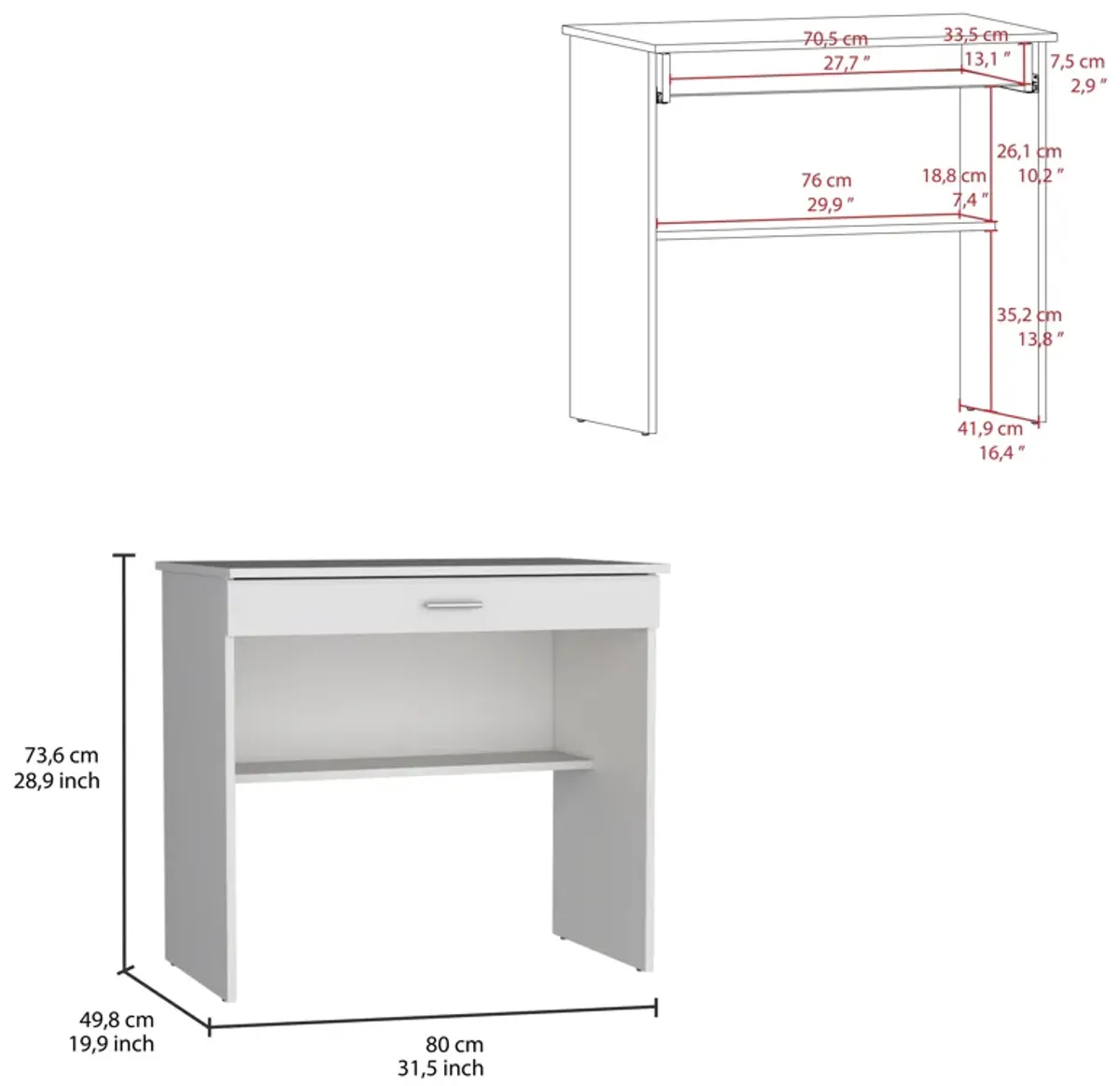 80 C Storage Desk, Compact Workstation with Drawer and Lower Shelf-White