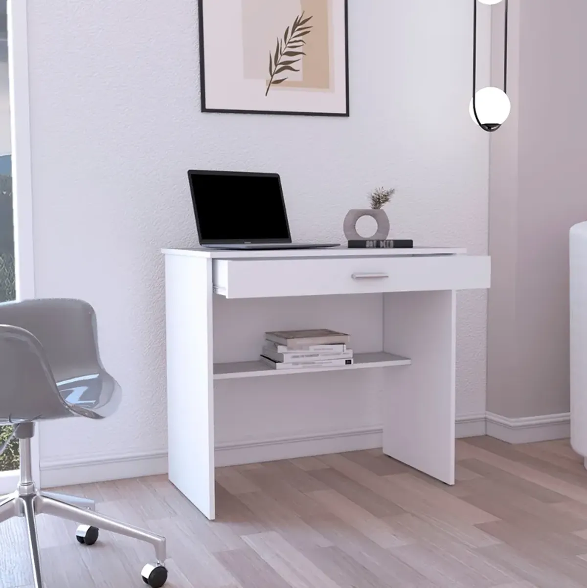 80 C Storage Desk, Compact Workstation with Drawer and Lower Shelf-White