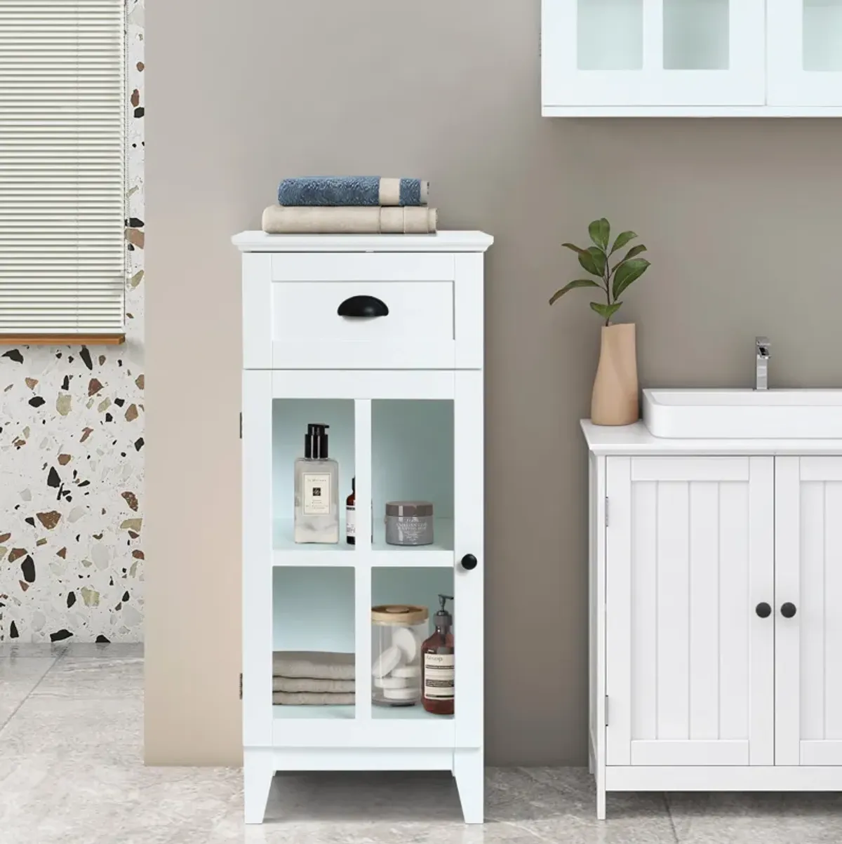 LuxenHome White MDF Wood Slim Bathroom Storage Cabinet and End Table