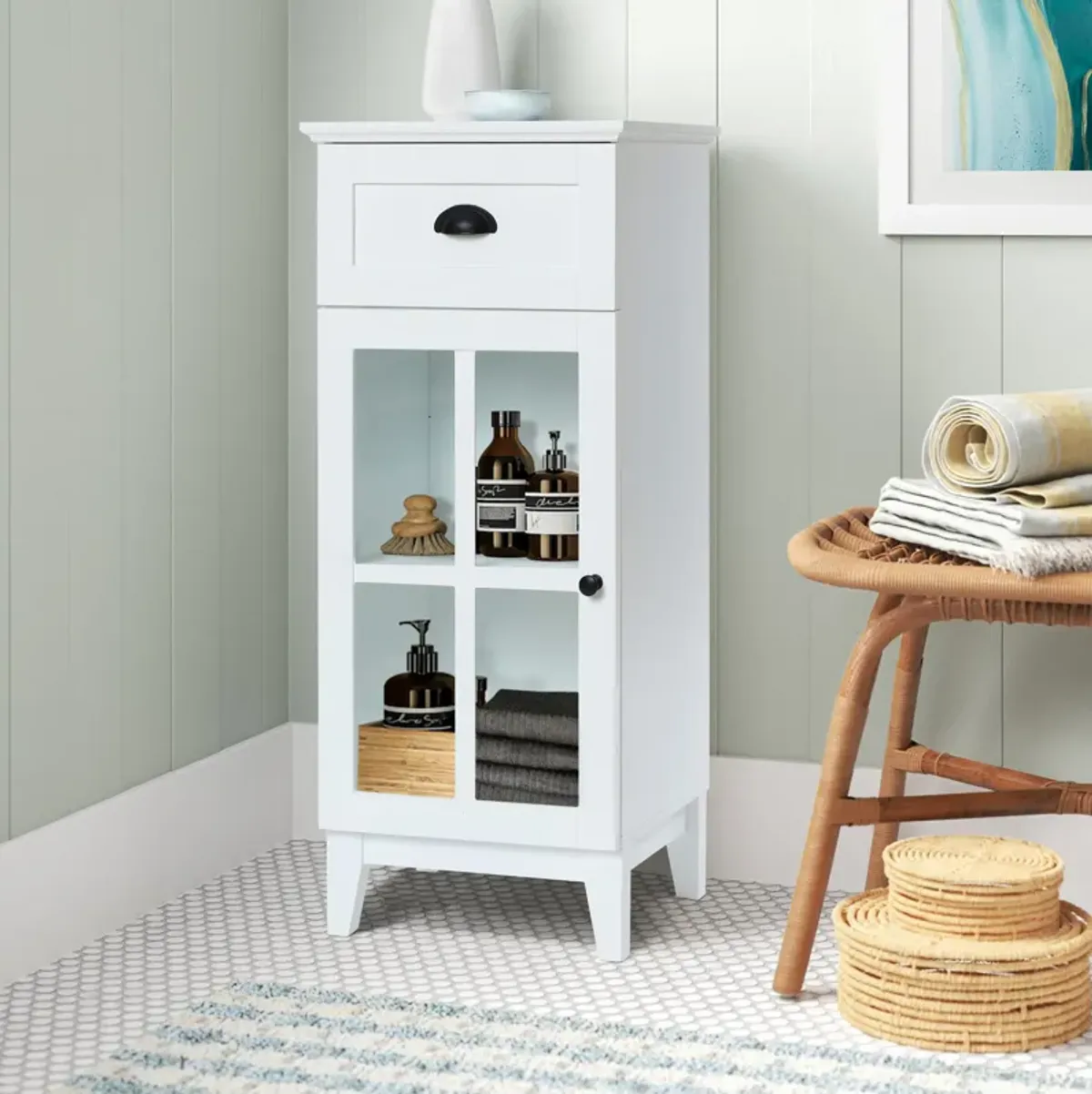 LuxenHome White MDF Wood Slim Bathroom Storage Cabinet and End Table