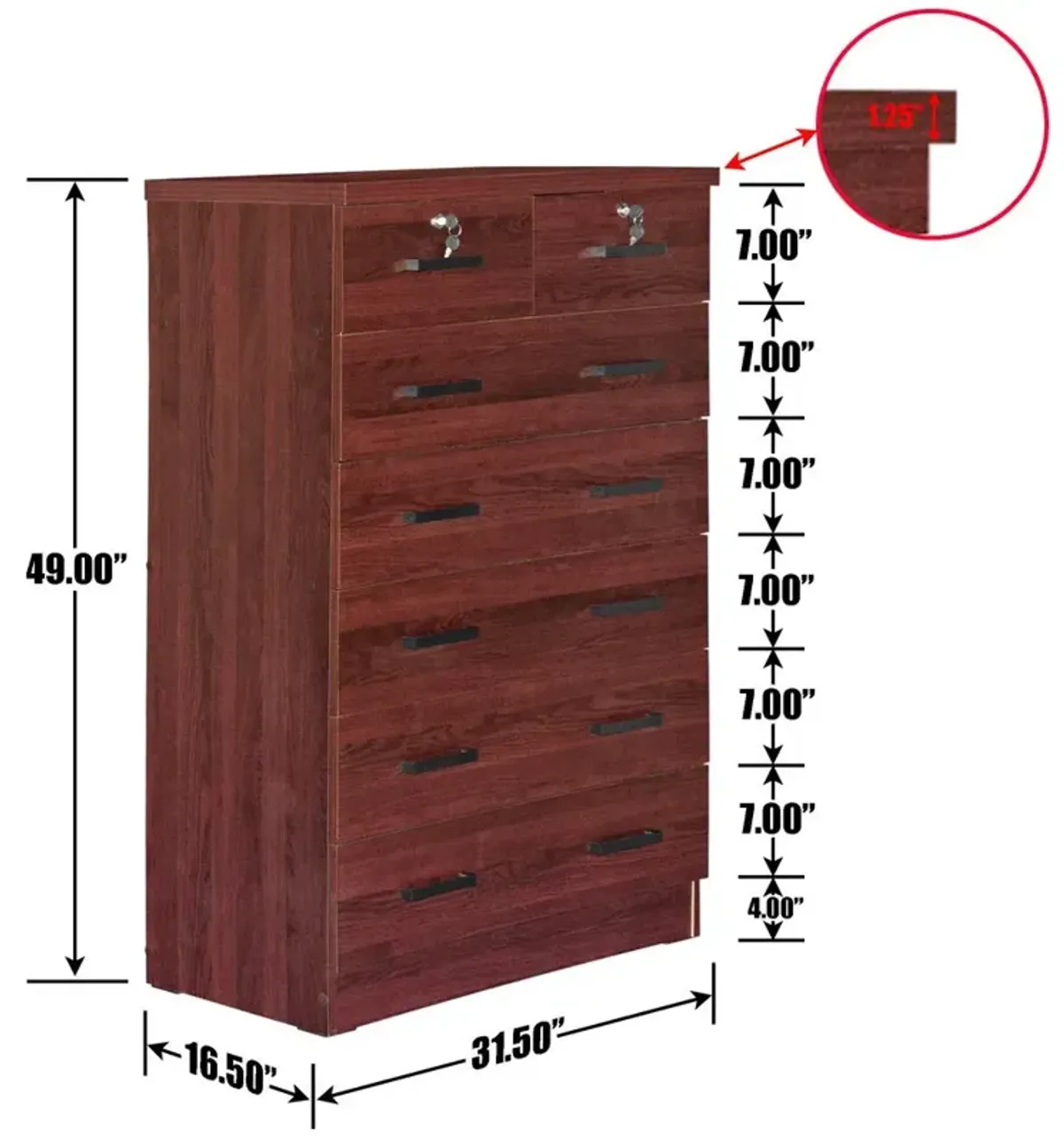 Better Home Products Cindy 7 Drawer Chest Wooden Dresser with Lock in Mahogany