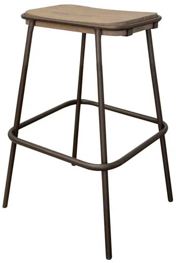 Umey 24 Inch Counter Stool, Footrest, Metal Frame, Solid Brown Mango Wood - Benzara