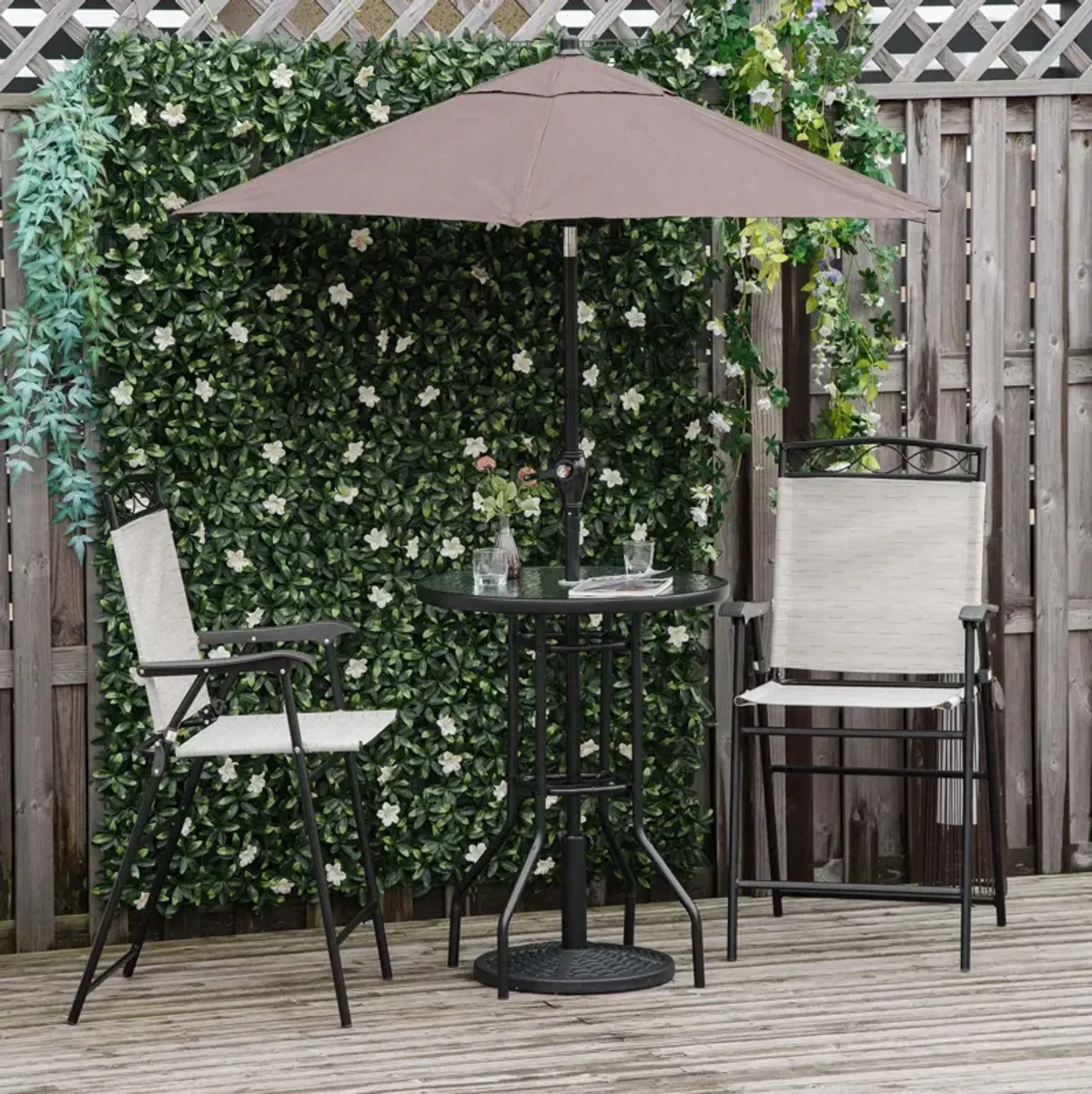 Cream Patio Set: 4-Piece Bar Set with Umbrella and Glass Table