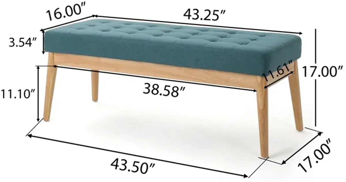 Gisa Ottoman Bench, Teal Blue Fabric Tufted Seat, 44 Inch Brown Wood -Benzara