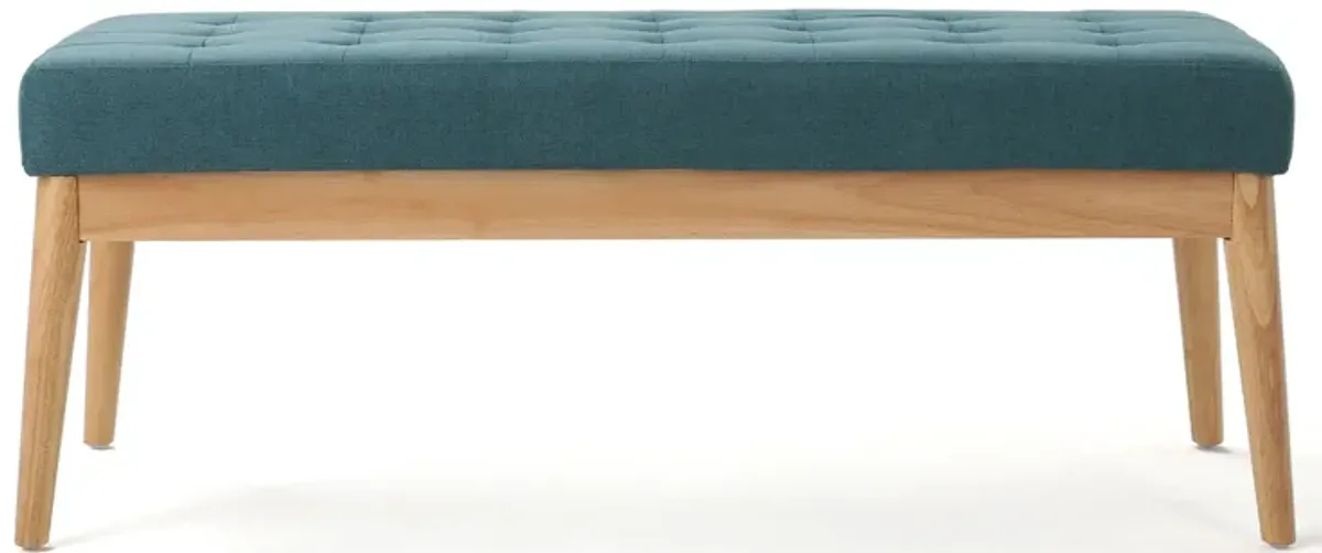 Gisa Ottoman Bench, Teal Blue Fabric Tufted Seat, 44 Inch Brown Wood -Benzara