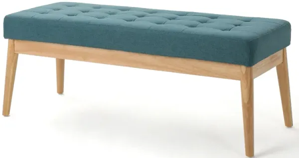 Gisa Ottoman Bench, Teal Blue Fabric Tufted Seat, 44 Inch Brown Wood - Benzara