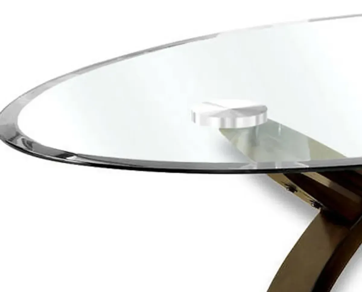 Oval Glass Top Coffee Table with Cross Oval Base, Brown and Clear-Benzara