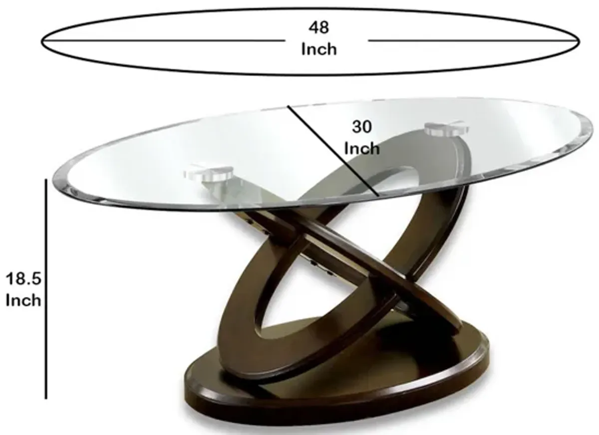 Oval Glass Top Coffee Table with Cross Oval Base, Brown and Clear-Benzara