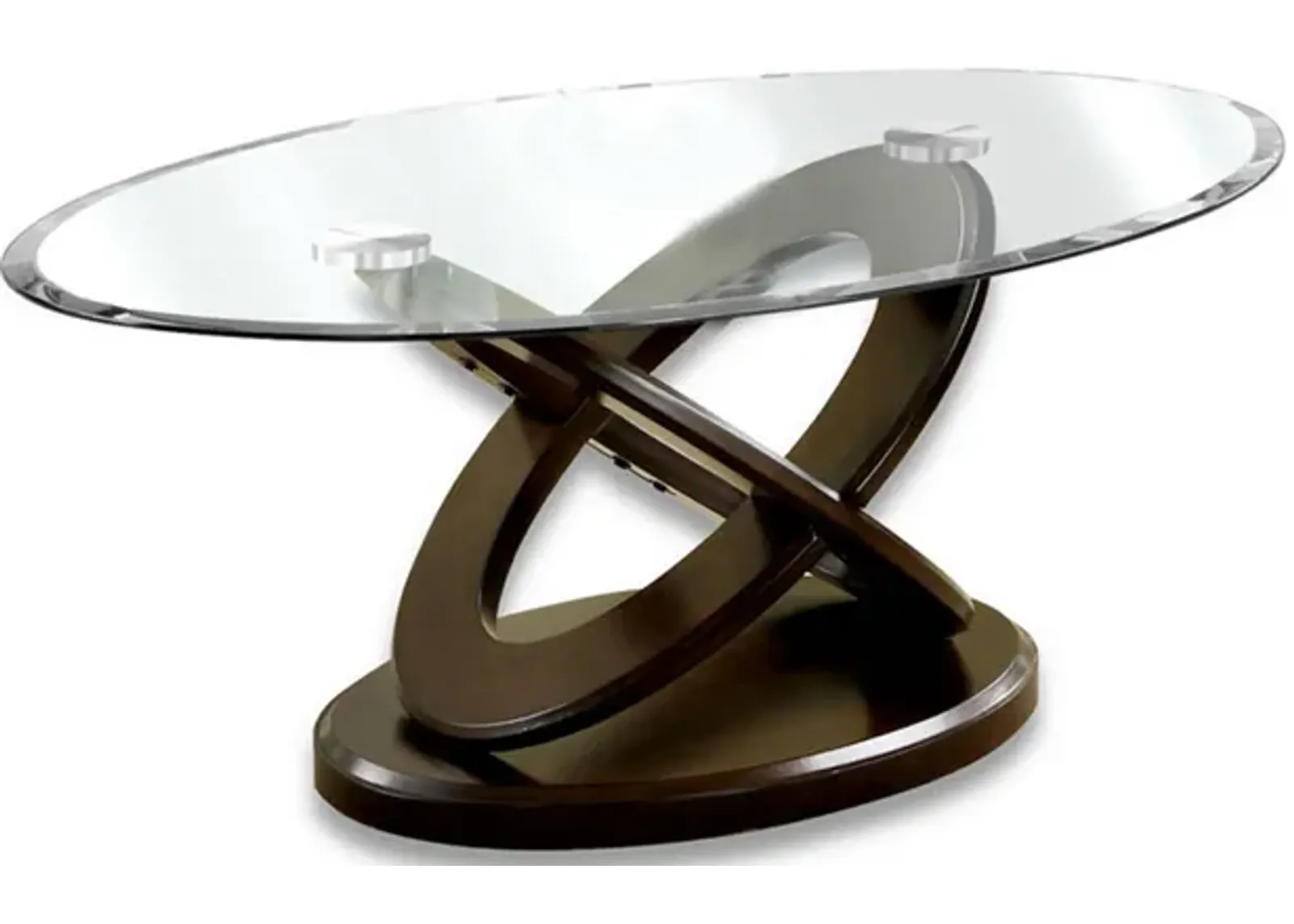 Oval Glass Top Coffee Table with Cross Oval Base, Brown and Clear-Benzara