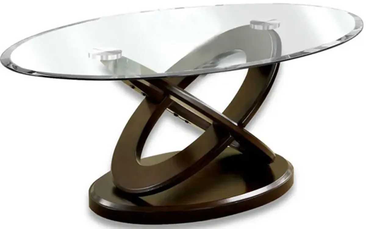 Oval Glass Top Coffee Table with Cross Oval Base, Brown and Clear-Benzara