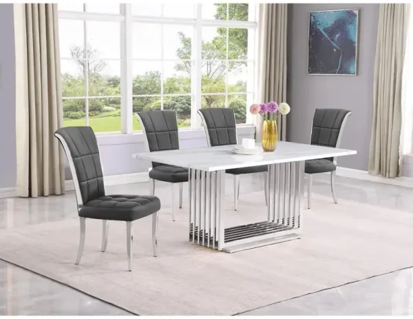 5pc Small(68") marble top dining set with silver base and 4 Dark grey chairs