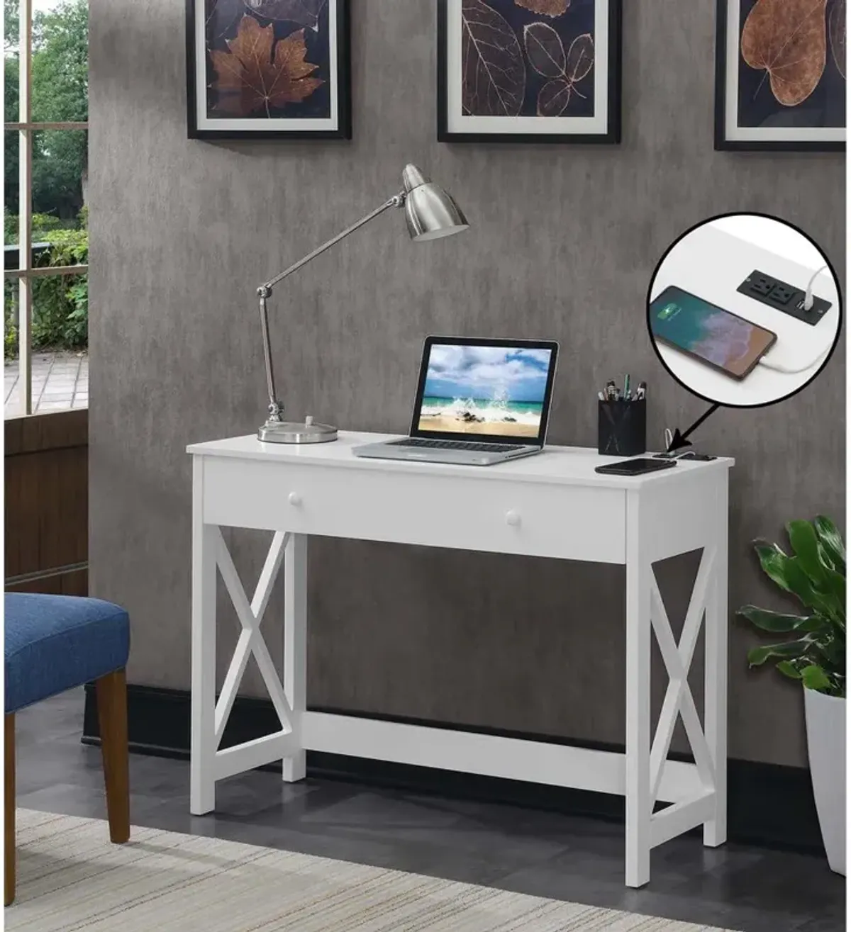 Convenience Concepts Oxford 42 inch Desk with Charging Station White