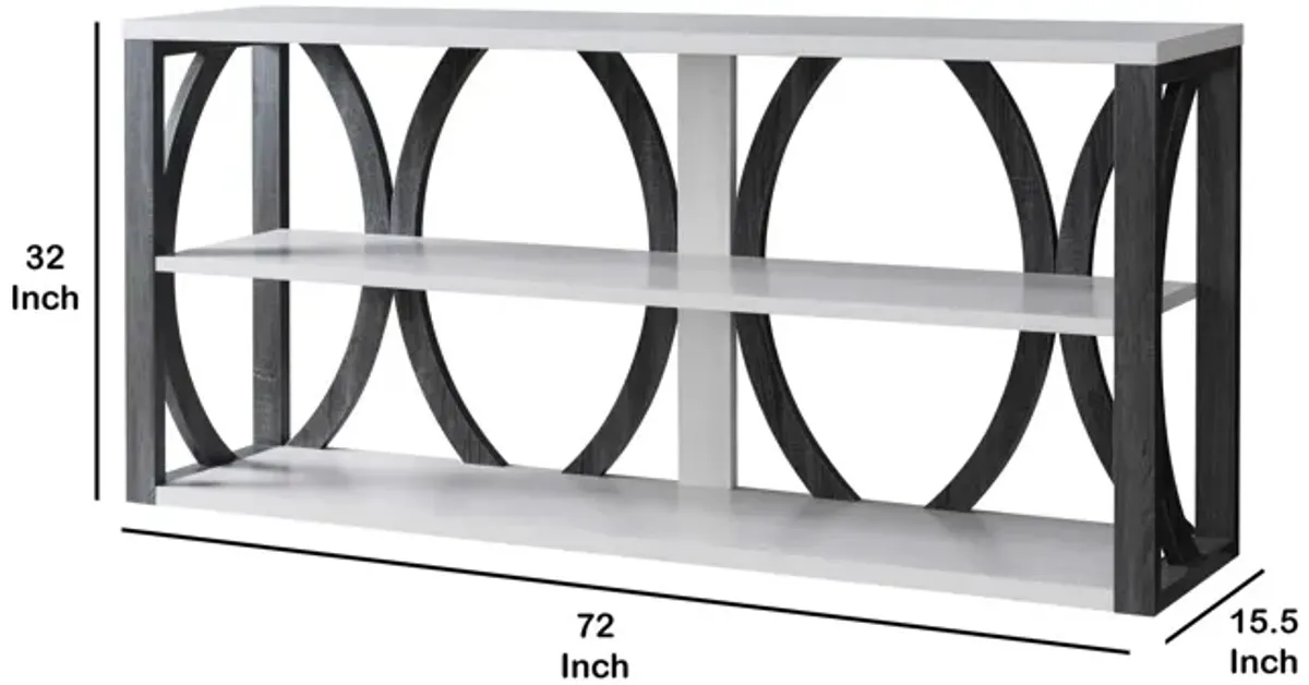 2 Tier Wooden Frame Console Table, Multiple Oval Designs, White Oak, Distressed Gray-Benzara