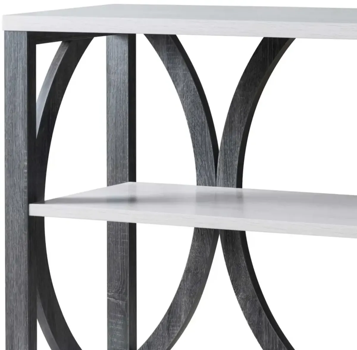 2 Tier Wooden Frame Console Table, Multiple Oval Designs, White Oak, Distressed Gray-Benzara