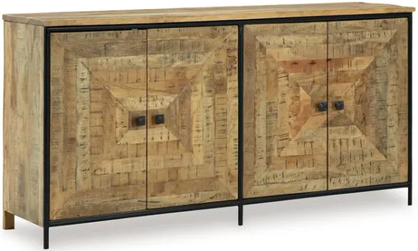 Sideboard Cabinet Console, Square Patterned Brown Mango Wood 63 Inch - Benzara